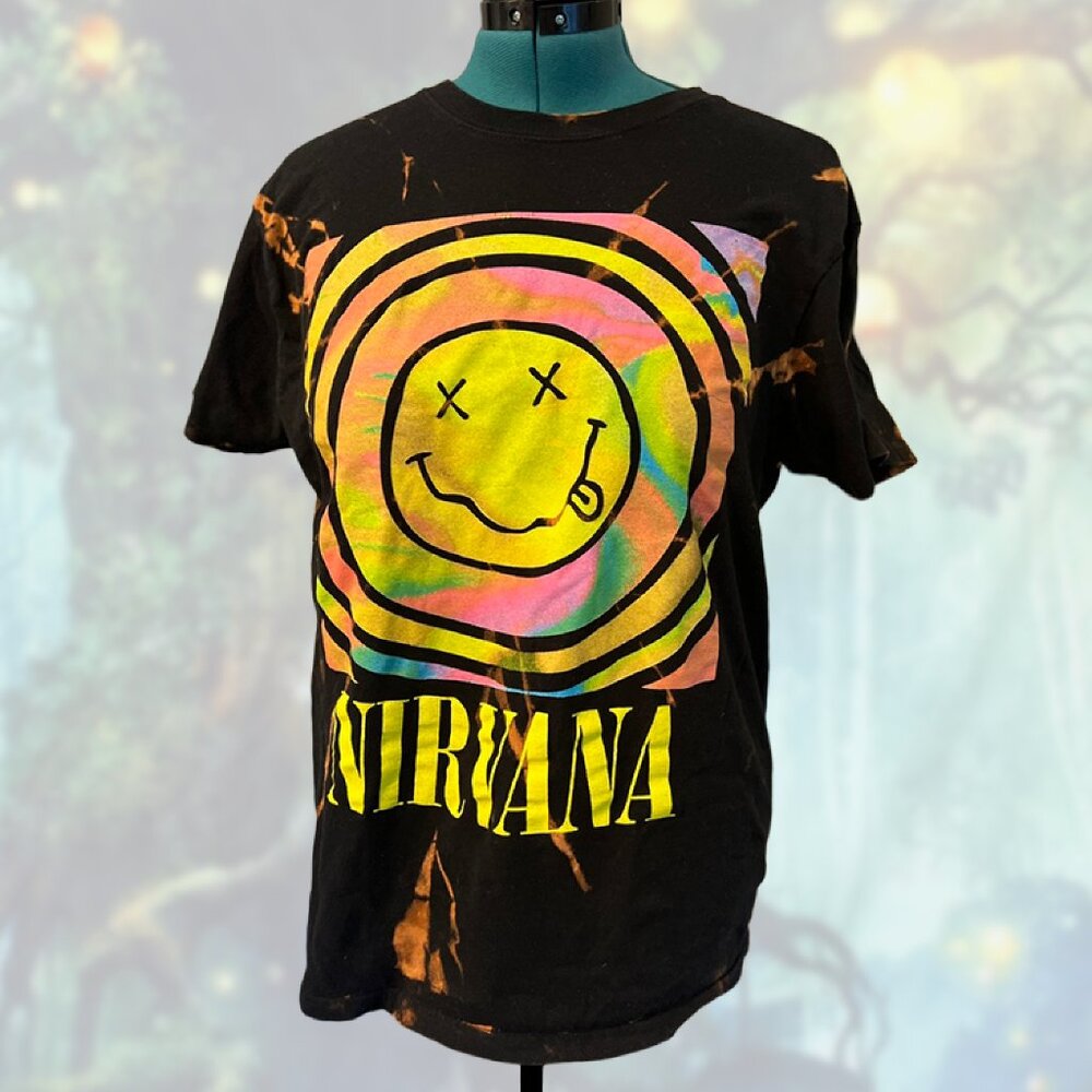 NWOT Bleach Splatter Nirvana Tee – Tie-Dye Grunge Band T-Shirt, Size L